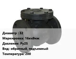 Клапан чугунный 32 16кч9нж Ру25 обратный, подъемный 200